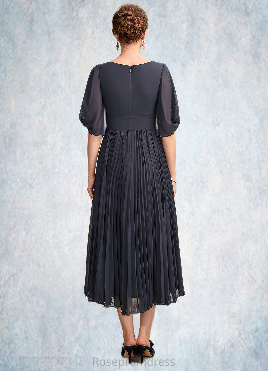 Ruby A-Line V-neck Tea-Length Chiffon Mother of the Bride Dress With Pleated SRS126P0015012