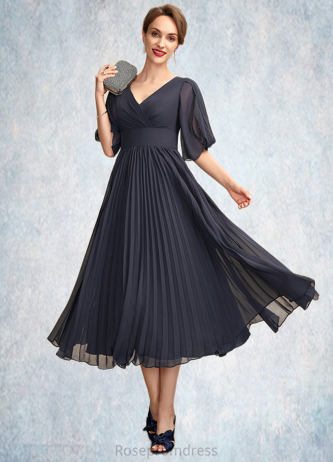 Ruby A-Line V-neck Tea-Length Chiffon Mother of the Bride Dress With Pleated SRS126P0015012
