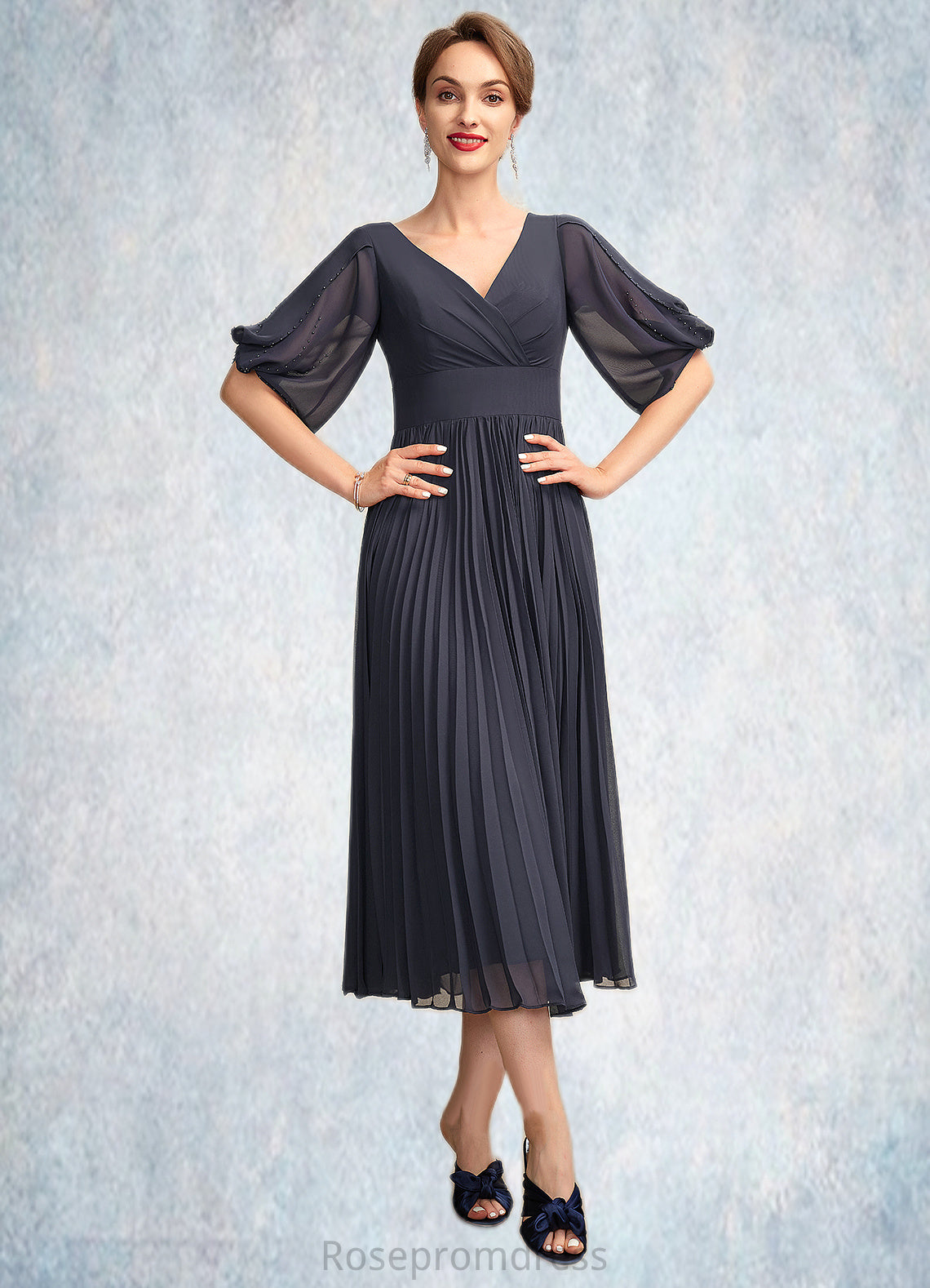 Ruby A-Line V-neck Tea-Length Chiffon Mother of the Bride Dress With Pleated SRS126P0015012
