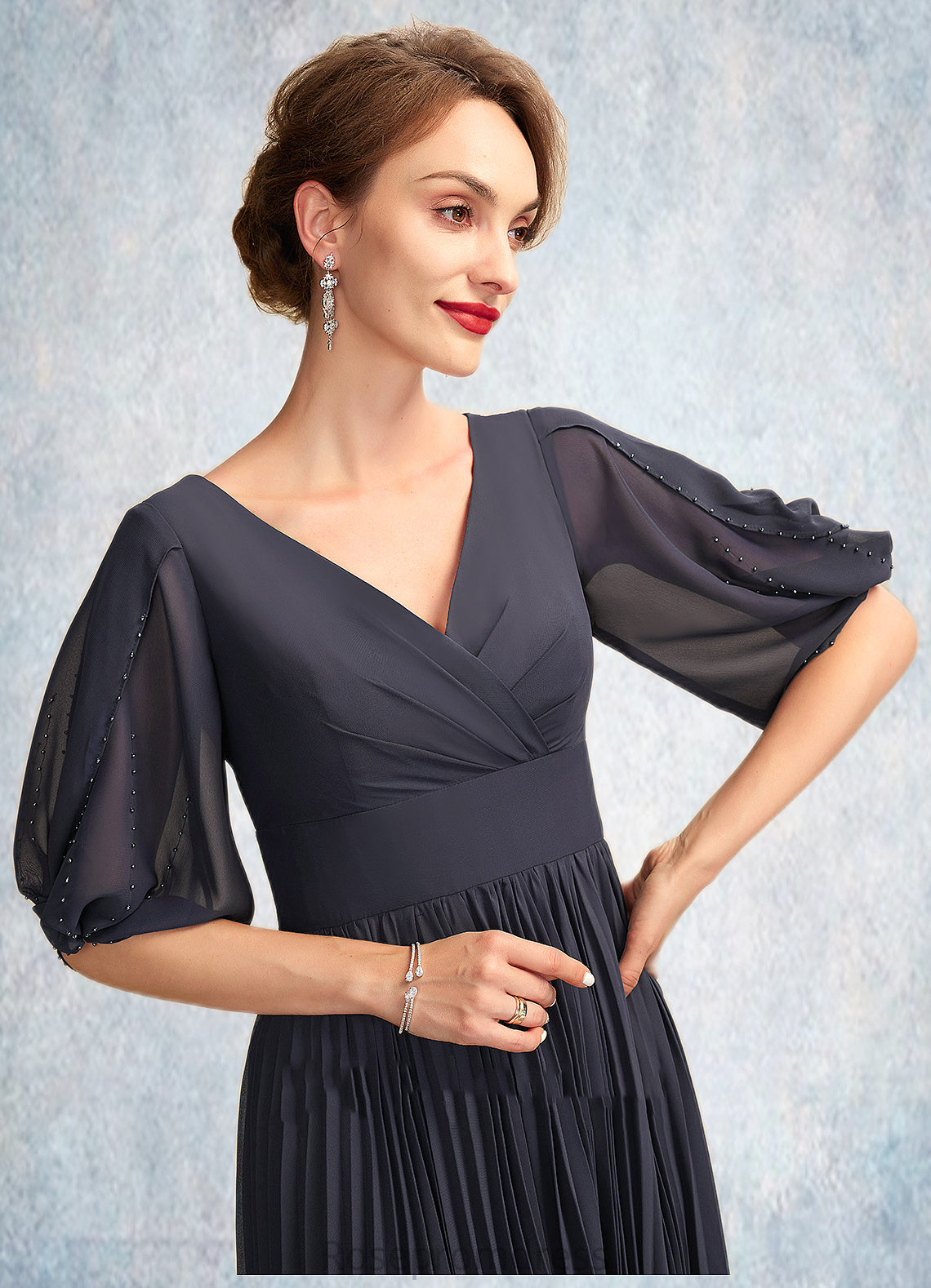 Ruby A-Line V-neck Tea-Length Chiffon Mother of the Bride Dress With Pleated SRS126P0015012