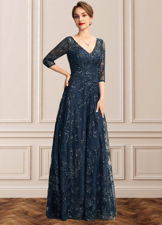 Salome A-Line V-neck Floor-Length Lace Mother of the Bride Dress With Sequins DS126P0015015
