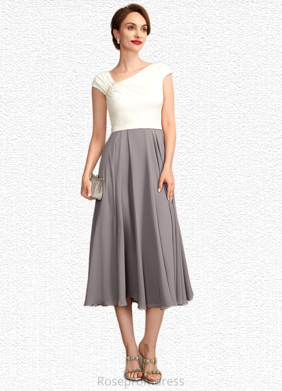 Abril A-Line V-neck Tea-Length Chiffon Mother of the Bride Dress With Ruffle Beading Sequins SRS126P0015016