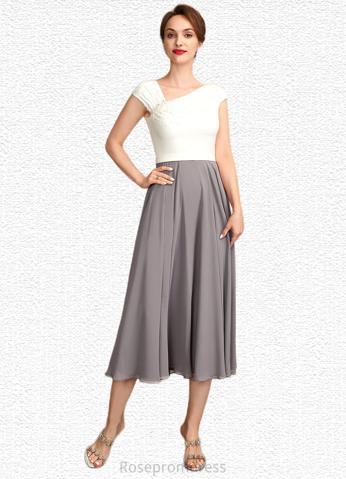 Abril A-Line V-neck Tea-Length Chiffon Mother of the Bride Dress With Ruffle Beading Sequins SRS126P0015016