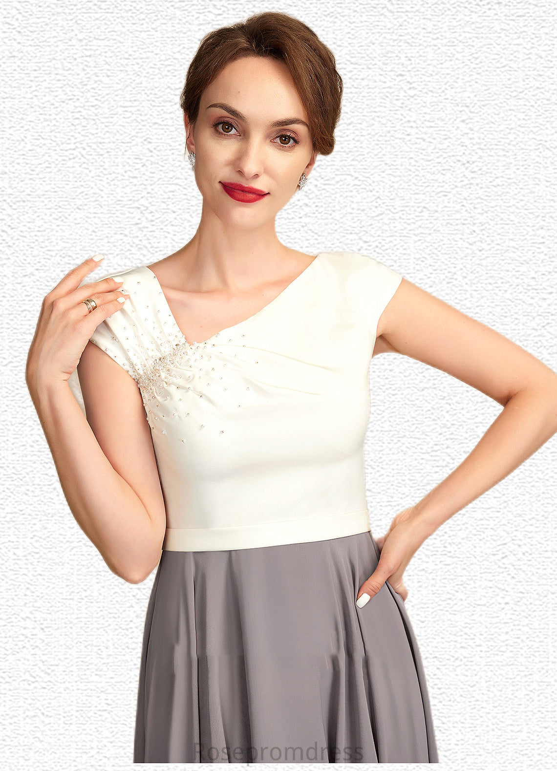 Abril A-Line V-neck Tea-Length Chiffon Mother of the Bride Dress With Ruffle Beading Sequins SRS126P0015016