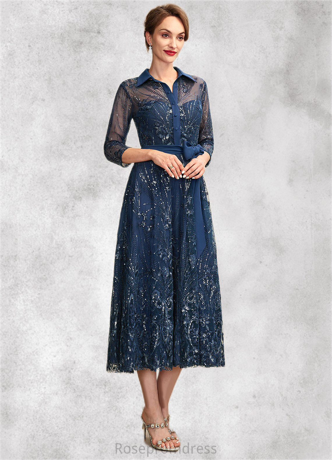 Sarah A-Line V-neck Tea-Length Chiffon Lace Mother of the Bride Dress With Sequins Bow(s) SRS126P0015017