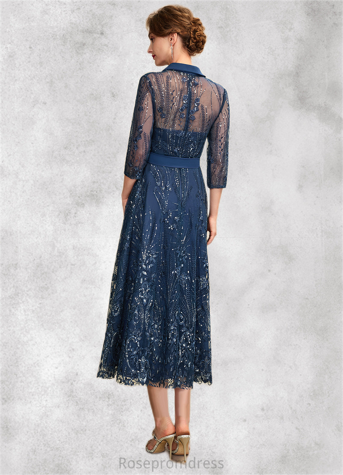 Sarah A-Line V-neck Tea-Length Chiffon Lace Mother of the Bride Dress With Sequins Bow(s) SRS126P0015017