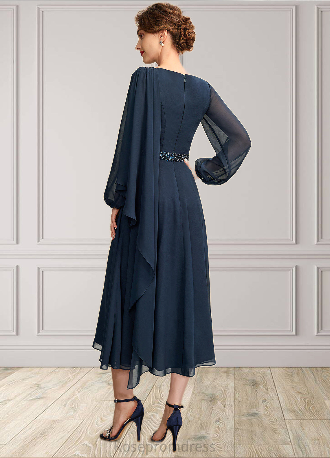 Naima A-Line Scoop Neck Tea-Length Chiffon Mother of the Bride Dress With Beading Sequins SRS126P0015018