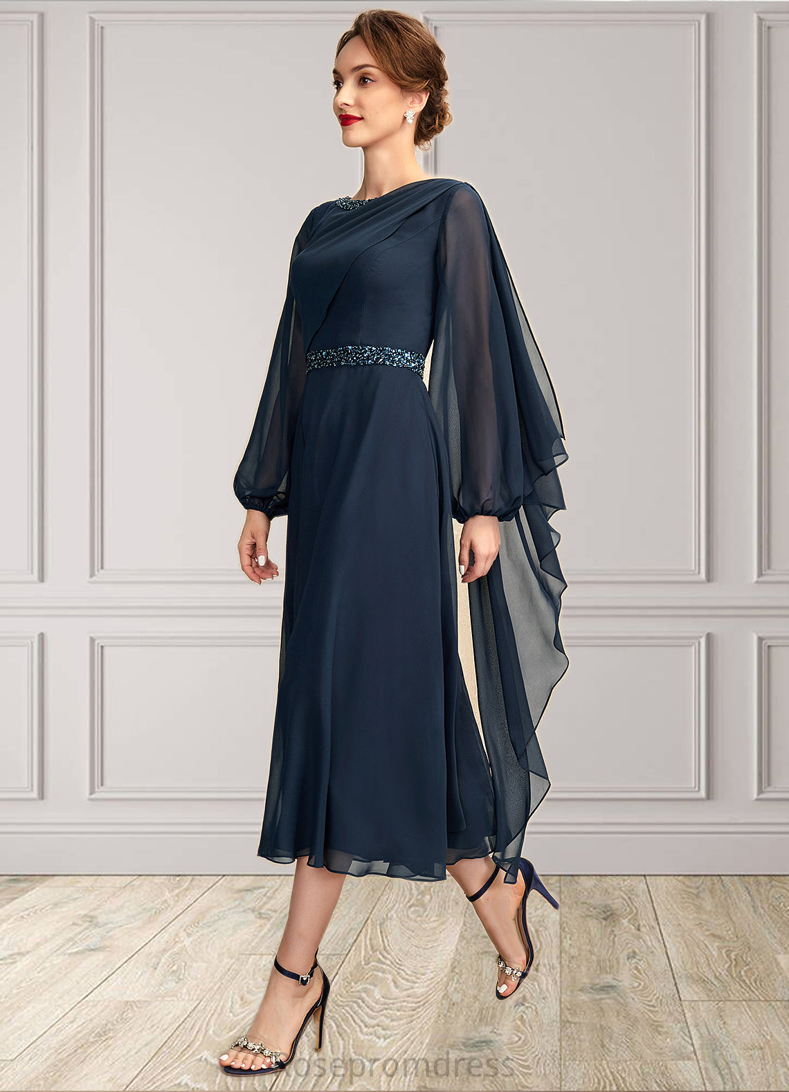 Naima A-Line Scoop Neck Tea-Length Chiffon Mother of the Bride Dress With Beading Sequins SRS126P0015018