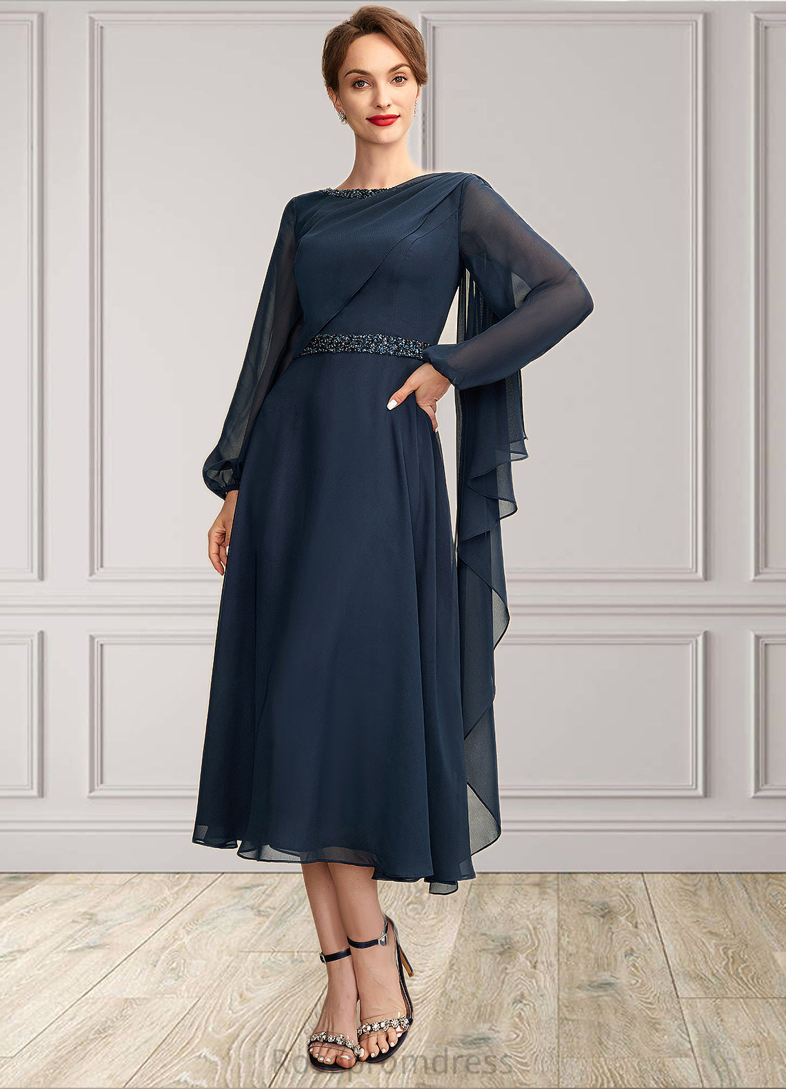 Naima A-Line Scoop Neck Tea-Length Chiffon Mother of the Bride Dress With Beading Sequins SRS126P0015018