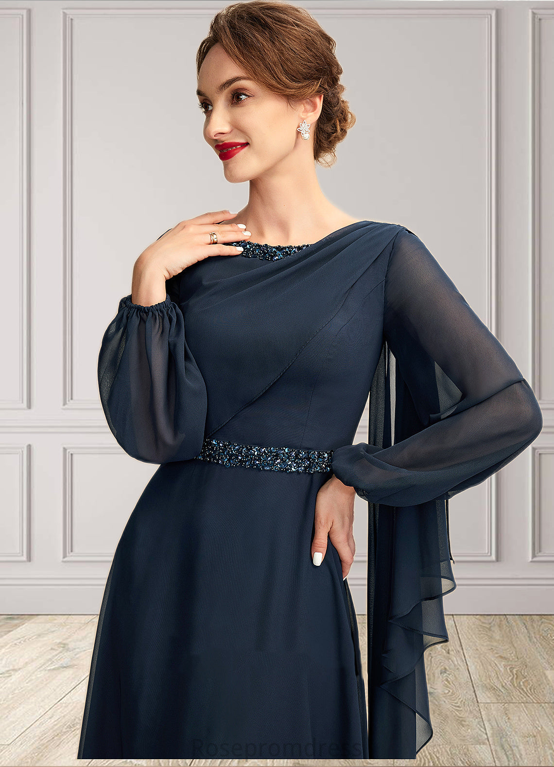 Naima A-Line Scoop Neck Tea-Length Chiffon Mother of the Bride Dress With Beading Sequins SRS126P0015018