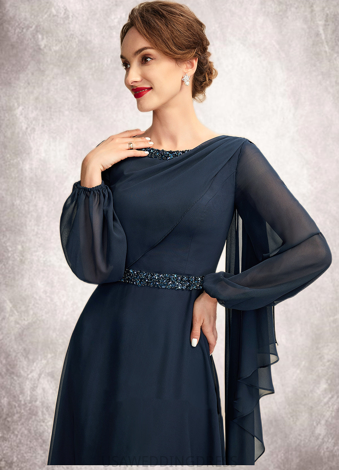 Avery A-Line Scoop Neck Tea-Length Chiffon Mother of the Bride Dress With Beading Sequins DS126P0015018