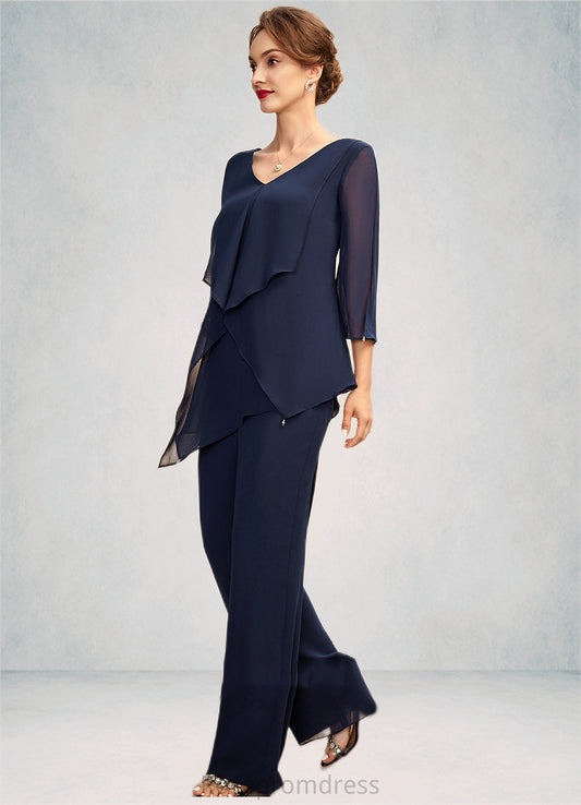 Chelsea Jumpsuit/Pantsuit V-neck Floor-Length Chiffon Mother of the Bride Dress With Cascading Ruffles SRS126P0015019