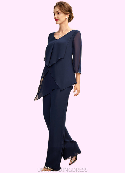 Evelin Jumpsuit/Pantsuit V-neck Floor-Length Chiffon Mother of the Bride Dress With Cascading Ruffles DS126P0015019