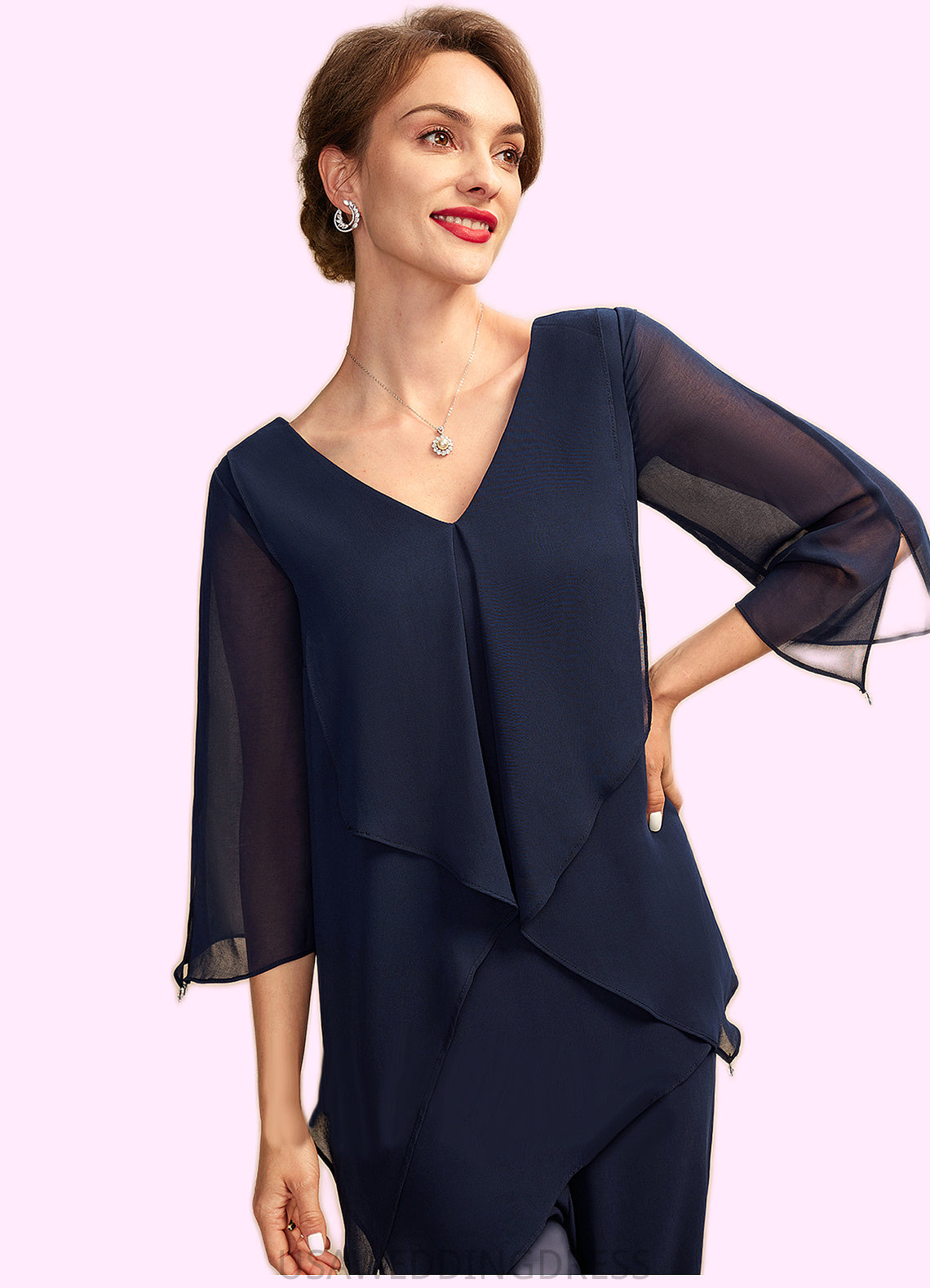 Evelin Jumpsuit/Pantsuit V-neck Floor-Length Chiffon Mother of the Bride Dress With Cascading Ruffles DS126P0015019