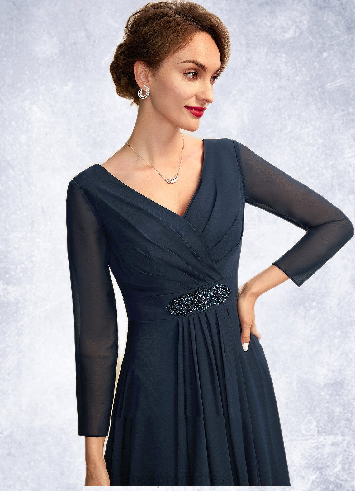 Mia A-Line V-neck Asymmetrical Chiffon Mother of the Bride Dress With Ruffle Beading Bow(s) SRS126P0015021