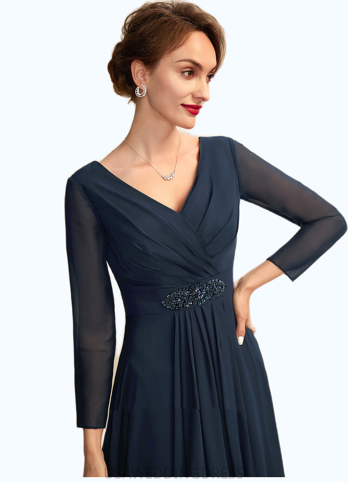 Lily A-Line V-neck Asymmetrical Chiffon Mother of the Bride Dress With Ruffle Beading Bow(s) DS126P0015021