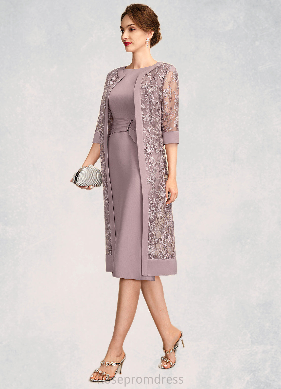 Hazel Sheath/Column Scoop Neck Knee-Length Chiffon Mother of the Bride Dress With Ruffle Sequins SRS126P0015023