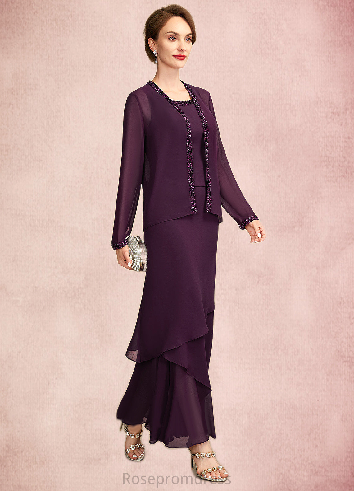 Nora Sheath/Column Scoop Neck Ankle-Length Chiffon Mother of the Bride Dress With Beading Sequins SRS126P0015024
