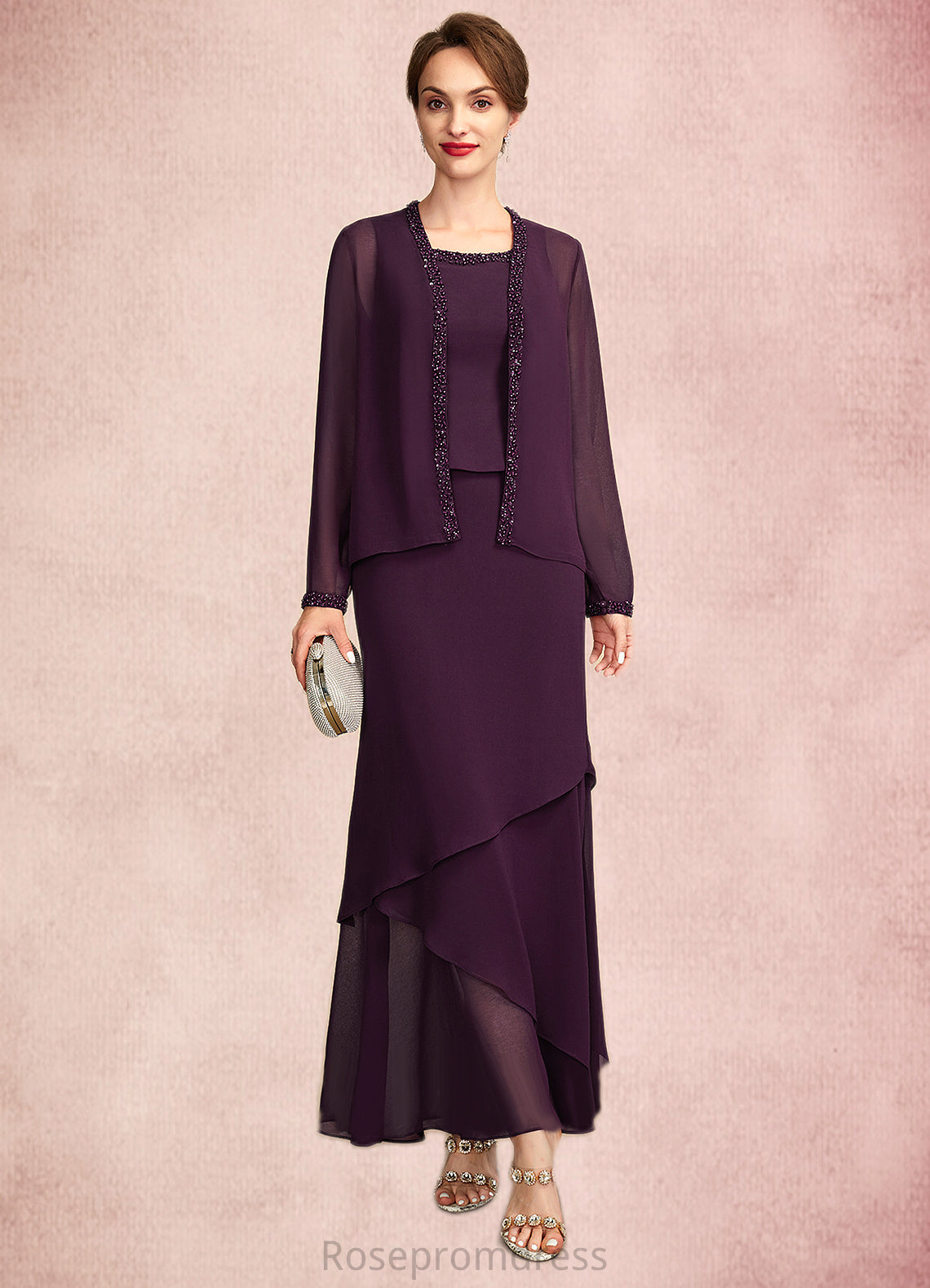 Nora Sheath/Column Scoop Neck Ankle-Length Chiffon Mother of the Bride Dress With Beading Sequins SRS126P0015024