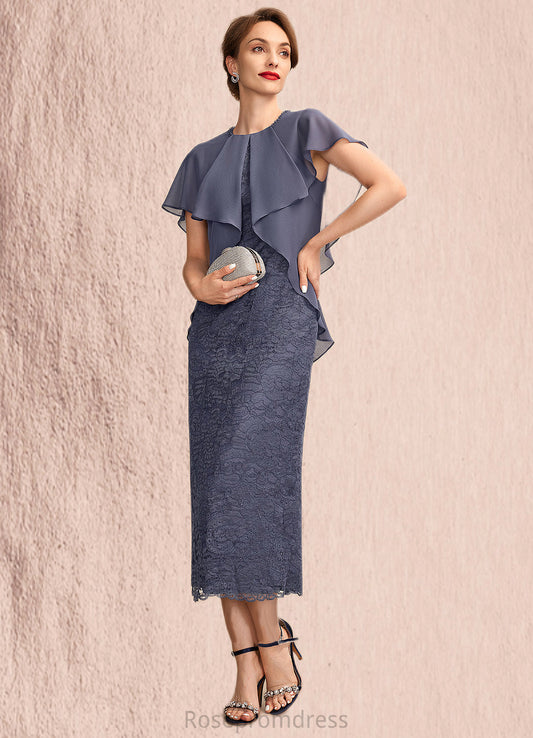 Allison Sheath/Column Scoop Neck Tea-Length Chiffon Lace Mother of the Bride Dress With Beading Cascading Ruffles SRS126P0015025