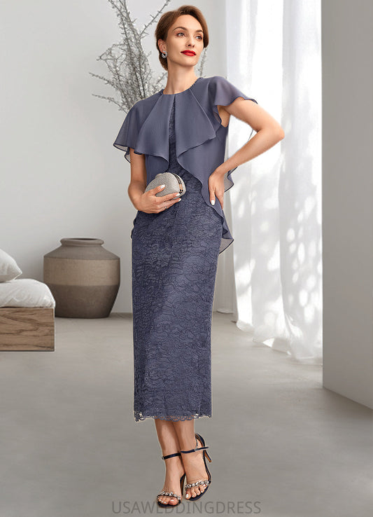 Dayanara Sheath/Column Scoop Neck Tea-Length Chiffon Lace Mother of the Bride Dress With Beading Cascading Ruffles DS126P0015025