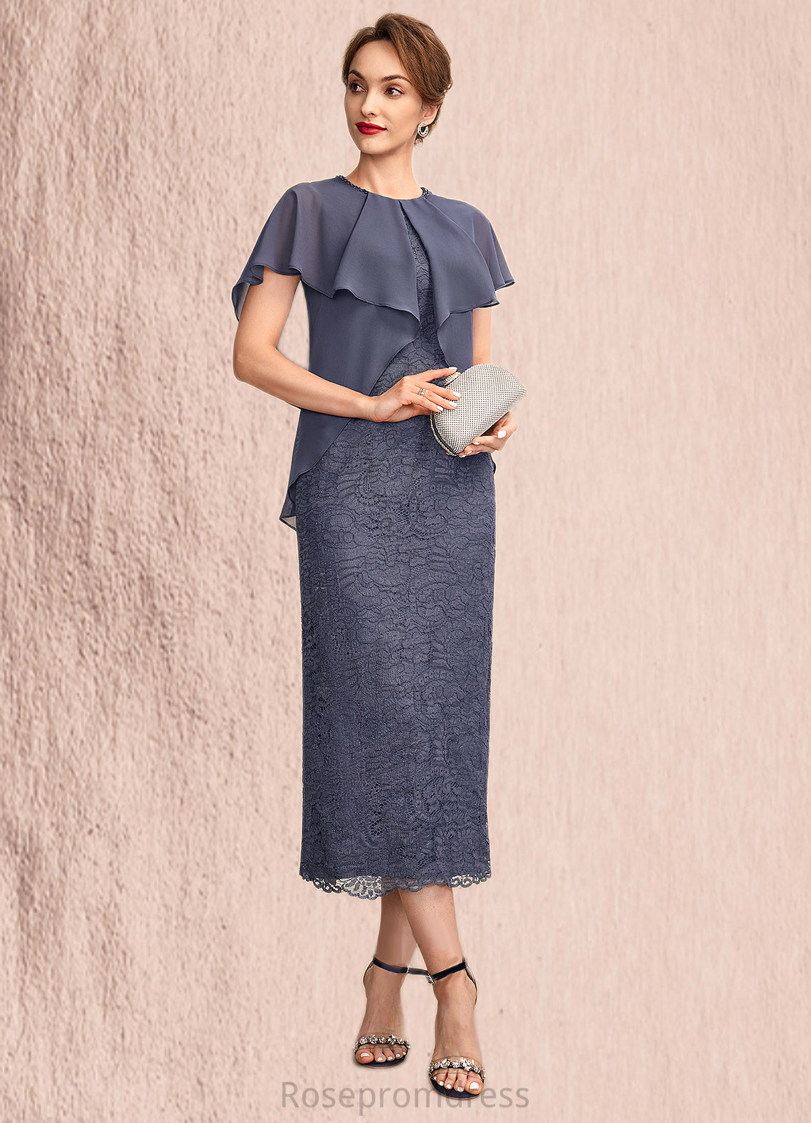 Allison Sheath/Column Scoop Neck Tea-Length Chiffon Lace Mother of the Bride Dress With Beading Cascading Ruffles SRS126P0015025