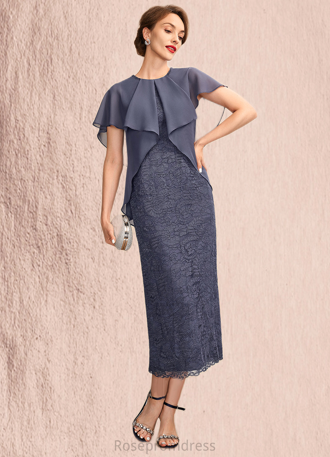 Allison Sheath/Column Scoop Neck Tea-Length Chiffon Lace Mother of the Bride Dress With Beading Cascading Ruffles SRS126P0015025