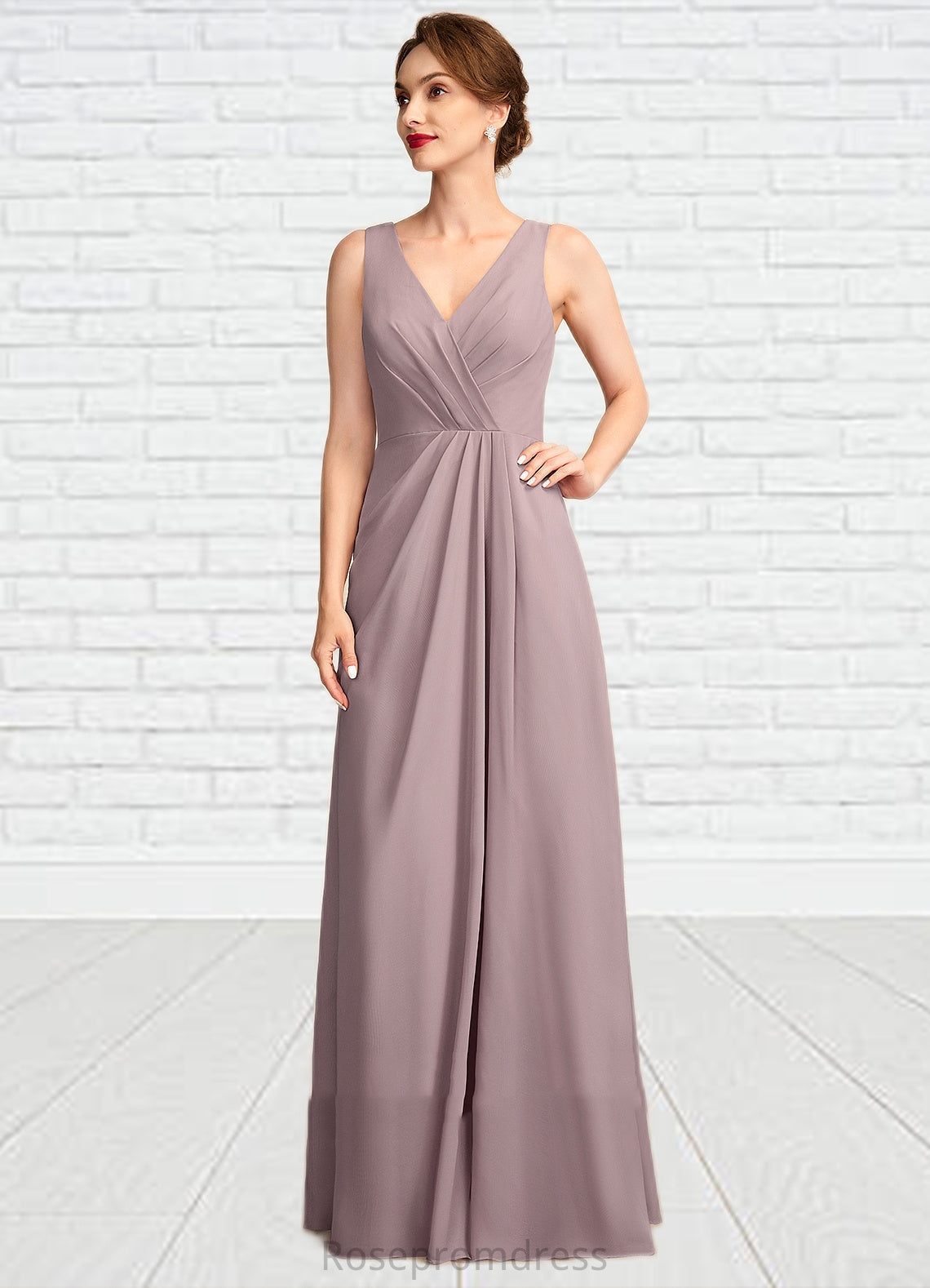 Denisse A-Line V-neck Floor-Length Chiffon Mother of the Bride Dress With Ruffle SRS126P0015026