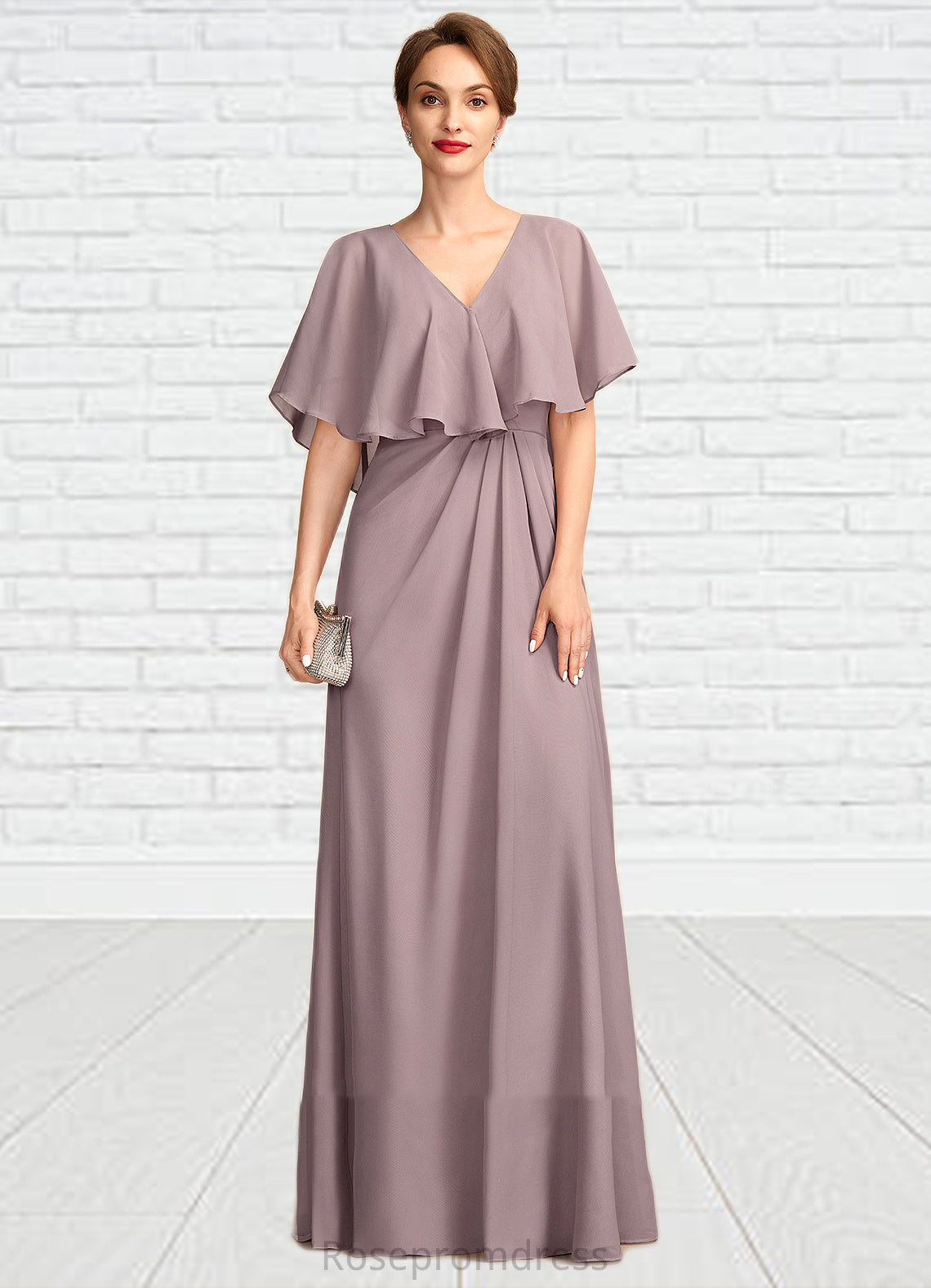 Denisse A-Line V-neck Floor-Length Chiffon Mother of the Bride Dress With Ruffle SRS126P0015026
