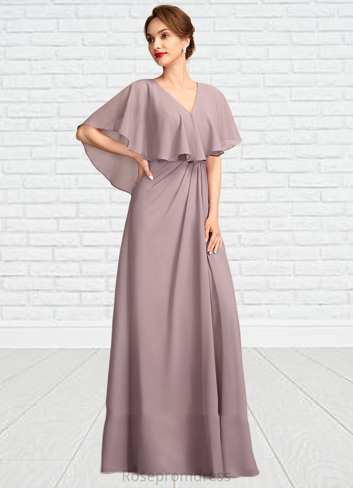 Denisse A-Line V-neck Floor-Length Chiffon Mother of the Bride Dress With Ruffle SRS126P0015026