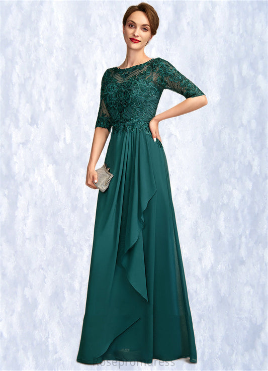 Brianna A-Line Scoop Neck Floor-Length Chiffon Lace Mother of the Bride Dress With Beading Sequins Cascading Ruffles SRS126P0015027