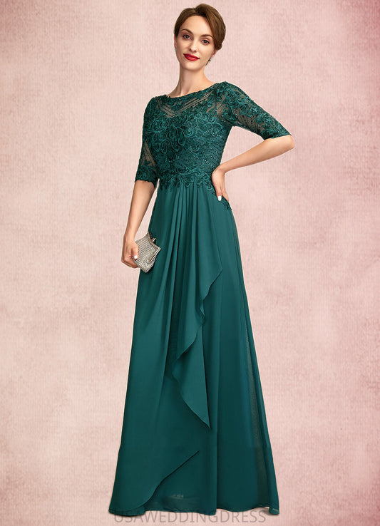 Natalya A-Line Scoop Neck Floor-Length Chiffon Lace Mother of the Bride Dress With Beading Sequins Cascading Ruffles DS126P0015027
