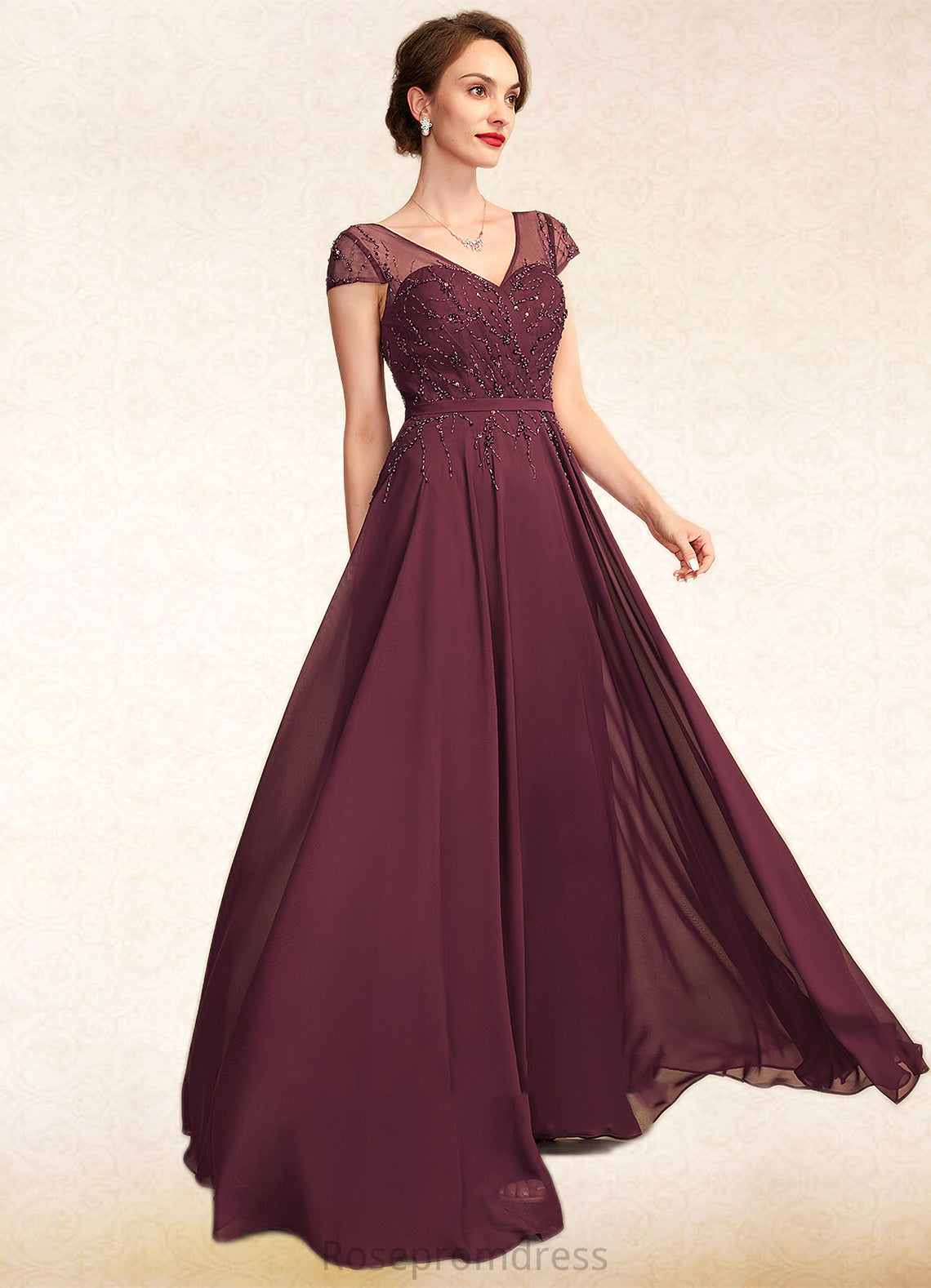 Scarlett A-Line V-neck Floor-Length Chiffon Mother of the Bride Dress With Beading Sequins SRS126P0015028