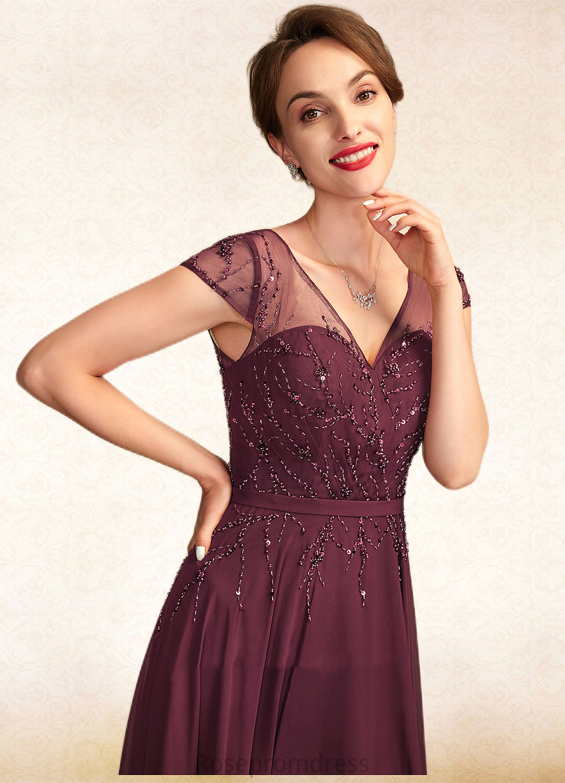Scarlett A-Line V-neck Floor-Length Chiffon Mother of the Bride Dress With Beading Sequins SRS126P0015028