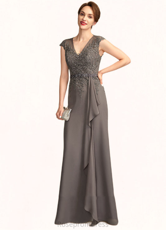 Amy A-Line V-neck Floor-Length Chiffon Lace Mother of the Bride Dress With Beading Sequins Cascading Ruffles SRS126P0015030