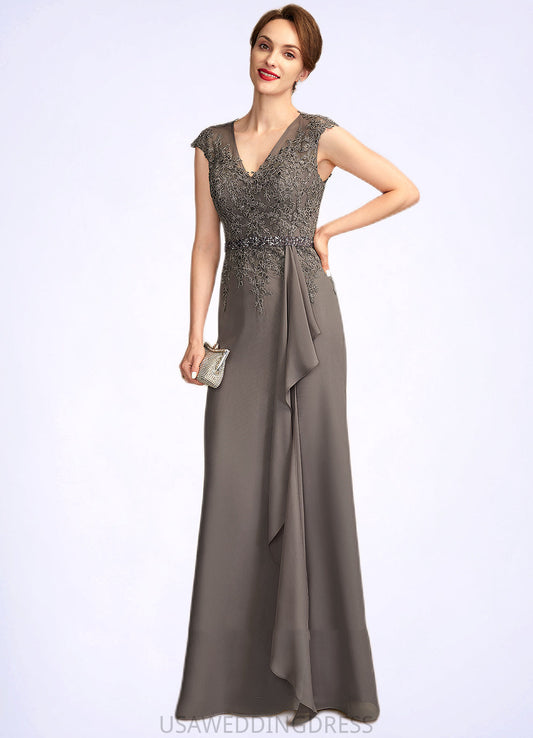 Janiyah A-Line V-neck Floor-Length Chiffon Lace Mother of the Bride Dress With Beading Sequins Cascading Ruffles DS126P0015030