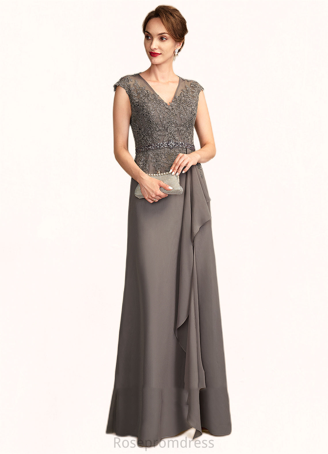 Amy A-Line V-neck Floor-Length Chiffon Lace Mother of the Bride Dress With Beading Sequins Cascading Ruffles SRS126P0015030