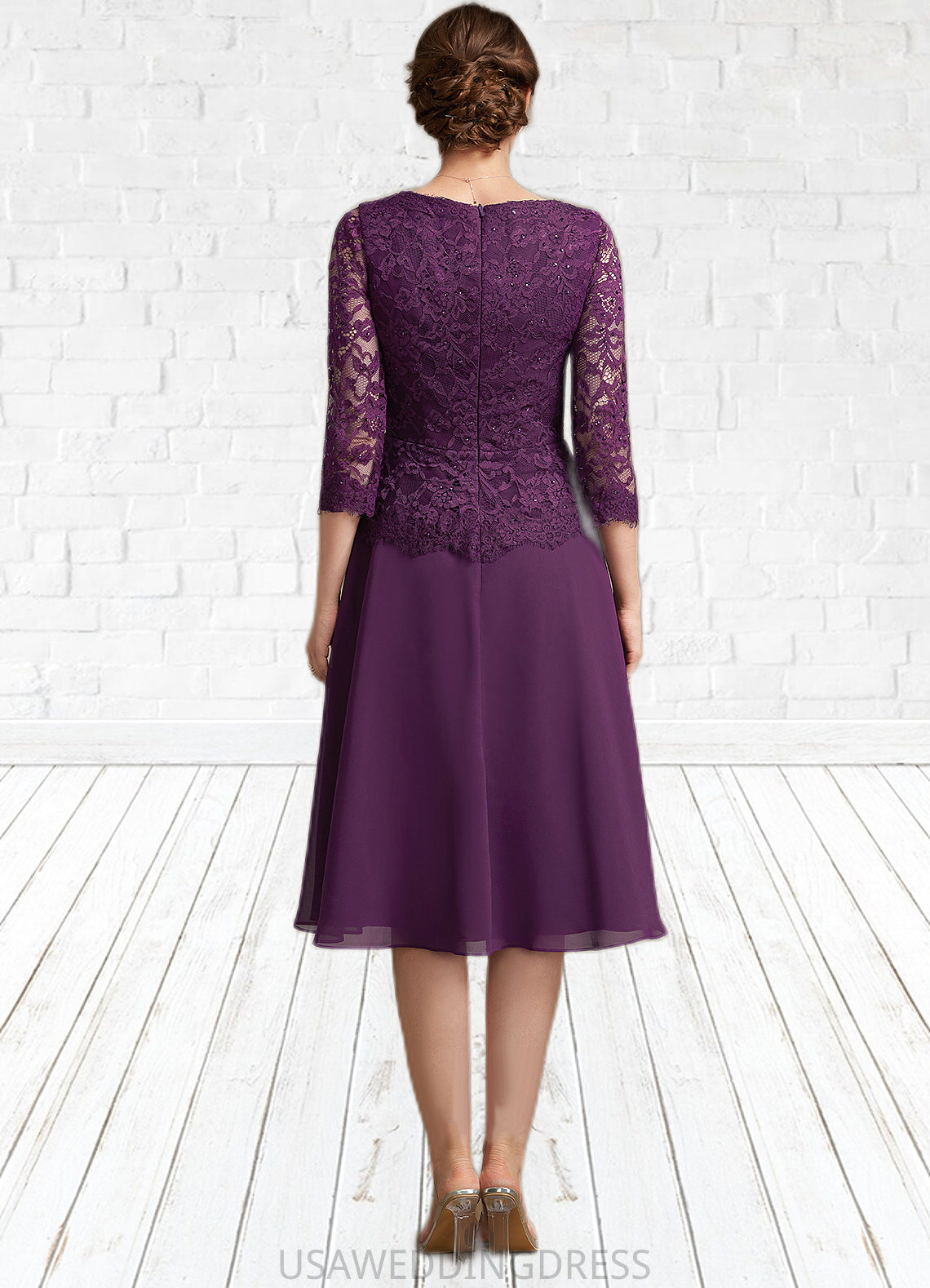 Joyce A-Line V-neck Knee-Length Chiffon Lace Mother of the Bride Dress With Beading Sequins DS126P0015035