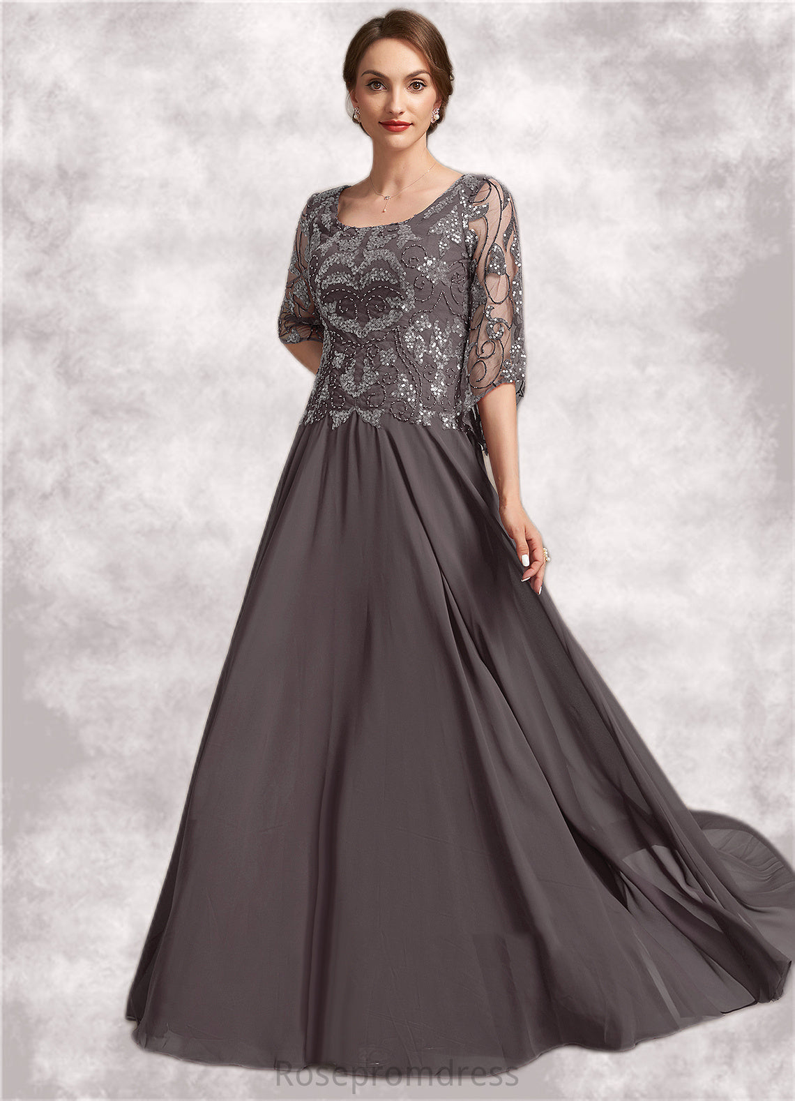 Makayla A-Line Scoop Neck Floor-Length Chiffon Lace Mother of the Bride Dress With Beading Sequins SRS126P0015036