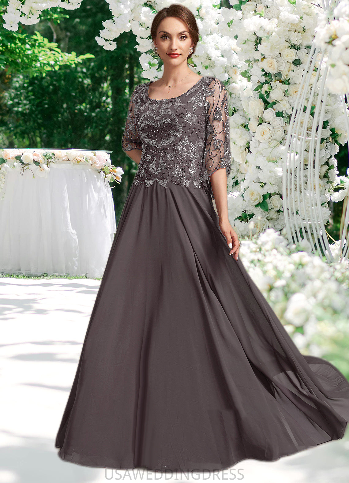 Eliana A-Line Scoop Neck Floor-Length Chiffon Lace Mother of the Bride Dress With Beading Sequins DS126P0015036
