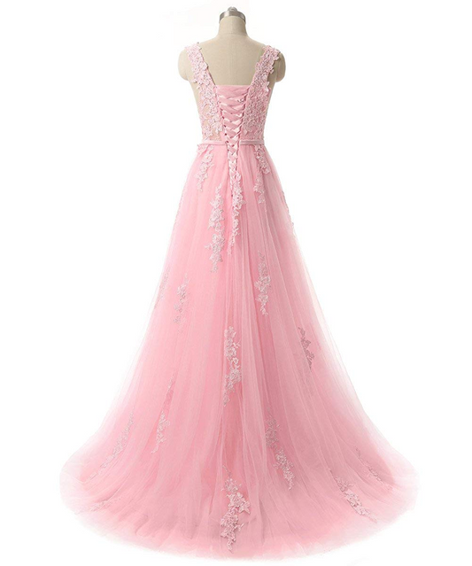 Pretty tulle lace round neck A-line open back long prom dress