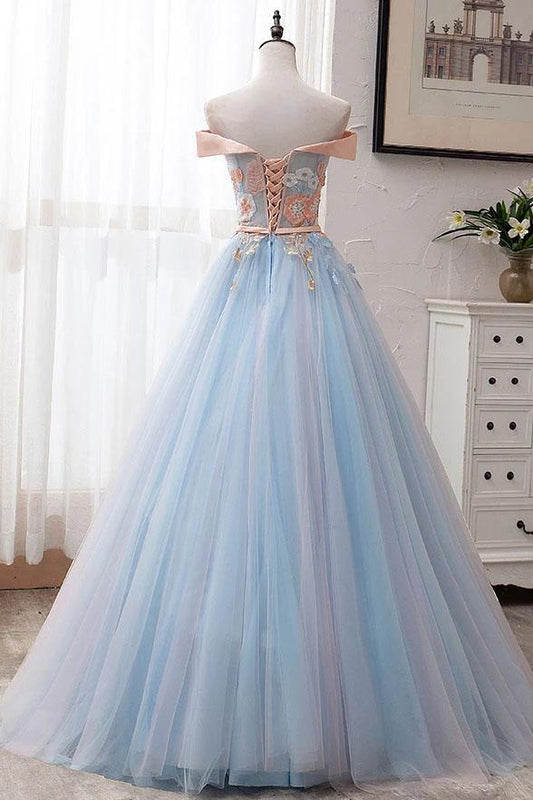 Ball Gown Off the Shoulder Tulle Sweetheart Appliques Prom Dresses, Quinceanera Dresses SRS15063