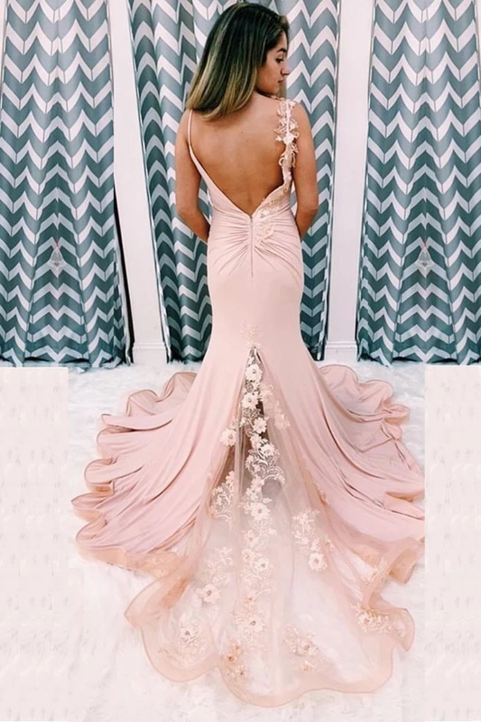 Mermaid V Neck Spaghetti Straps Long Prom Dresses Appliques Party Dress Chiffon And SRSPFT7D7JQ