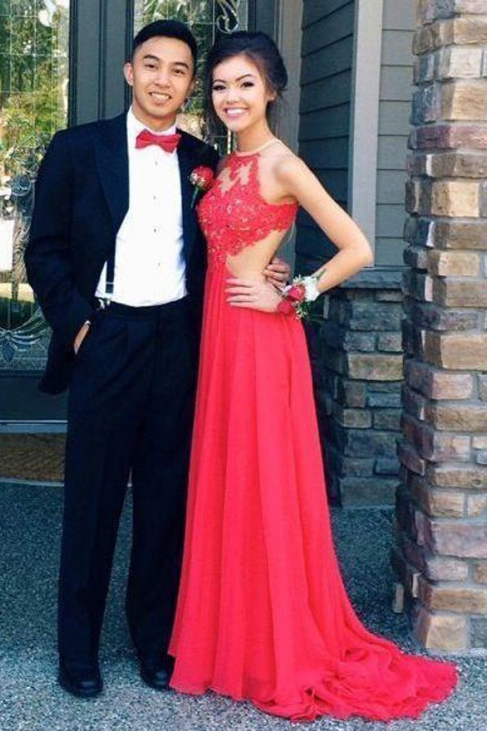 Red Backless Sexy Lace Unique Halter A-Line Slit Criss Cross Sleeveless Prom Dresses RS948