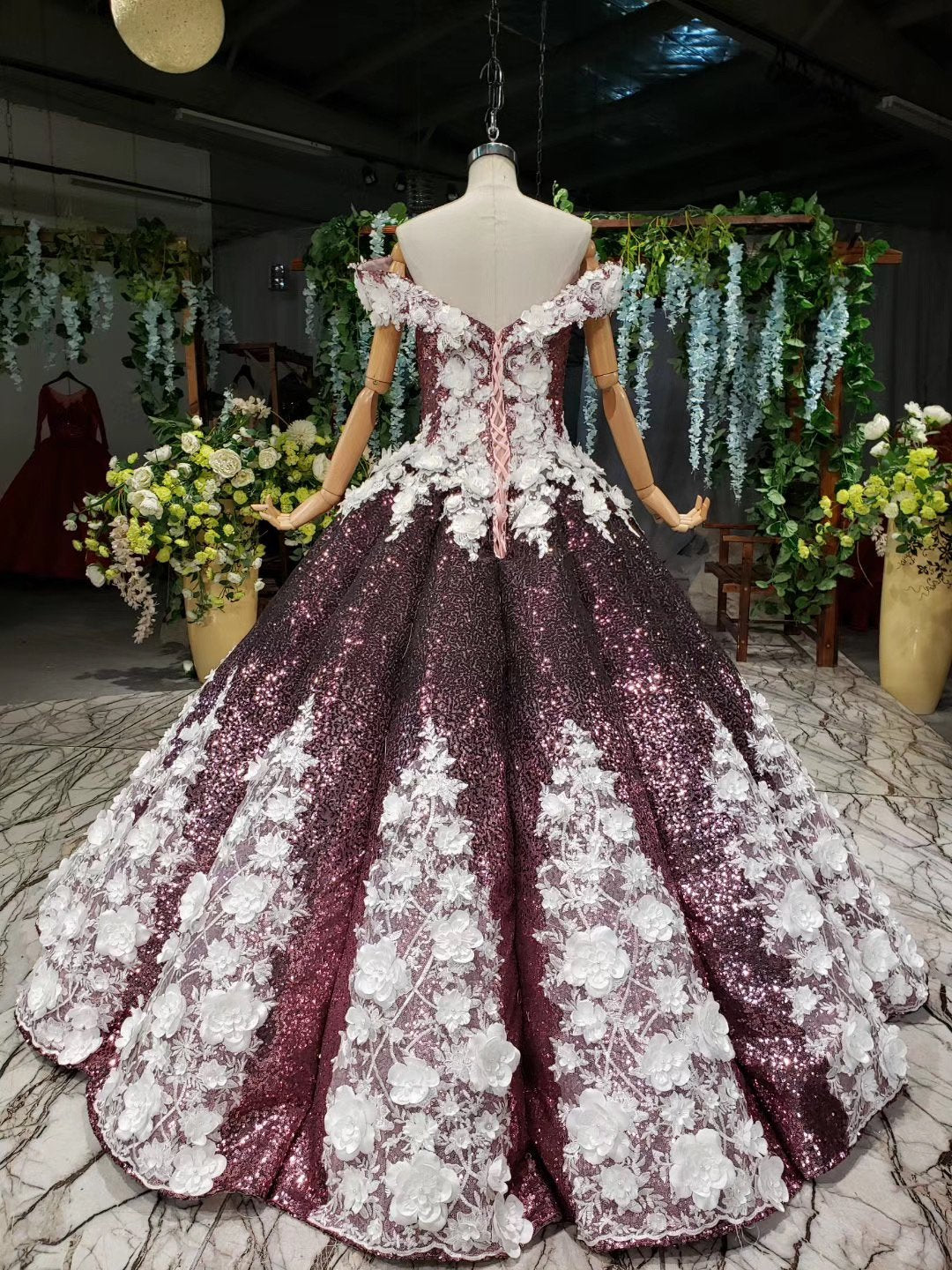 Ball Gown Off the Shoulder V Neck Satin Prom Dresses with Hand Made Flowers, Quinceanera Dress SRS15064