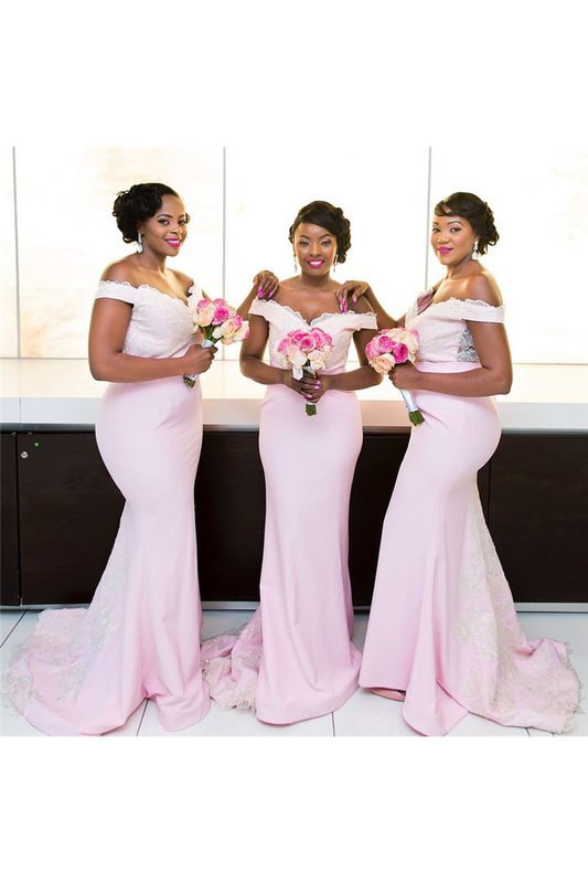 Pretty Mermad Long Satin Off The Shoulder Bridesmaid Dresses For SRSPAEMF278