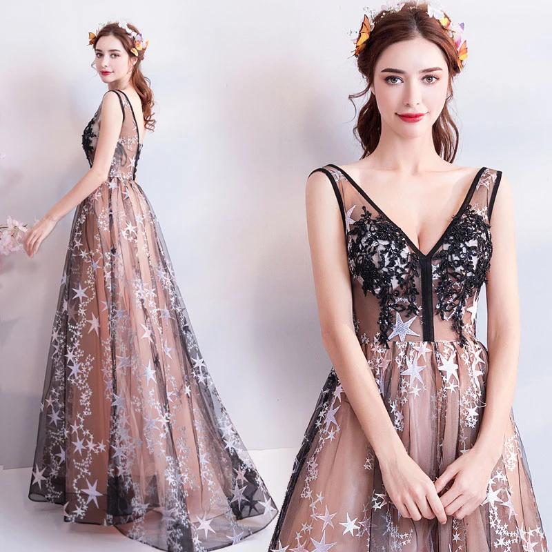 Princess A Line V Neck Applique Prom Dresses with Stars, Lace up Evening Dresses SRS15286