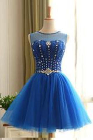 Royal Blue Short Beading Open Back Homecoming Dress RS431