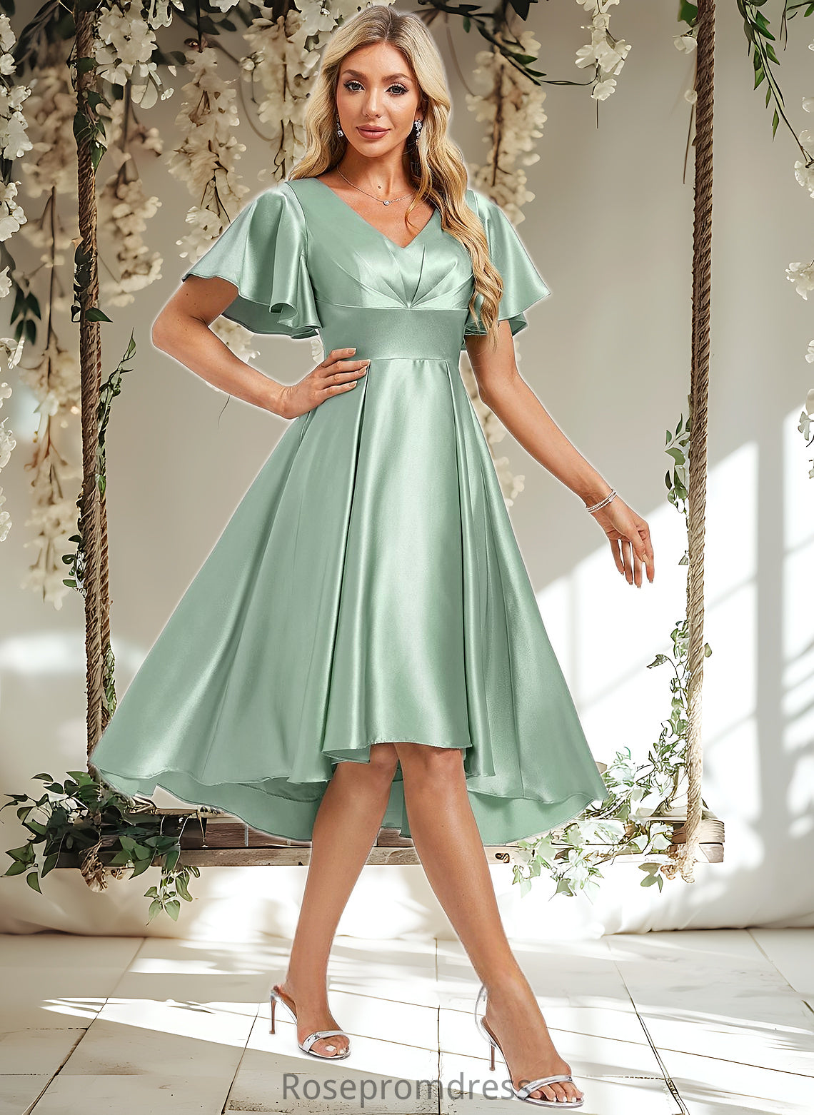 Tracy A-line V-Neck Asymmetrical Stretch Satin Bridesmaid Dress With Ruffle DSP0025772