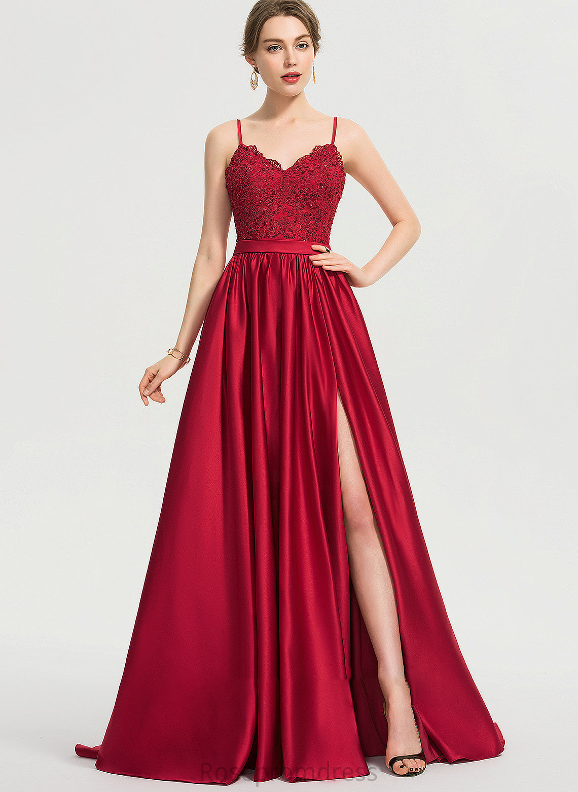 Satin Ball-Gown/Princess V-neck Front Prom Dresses Train Adyson Beading Split Sweep Sequins With